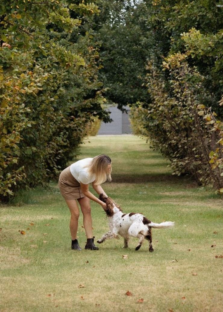 An owner at Beltana Farm shares a warm moment with a truffle dog on a grassy path between a long row of tall, evenly spaced trees, Canberra, Australian Capital Territory © Tourism Australia