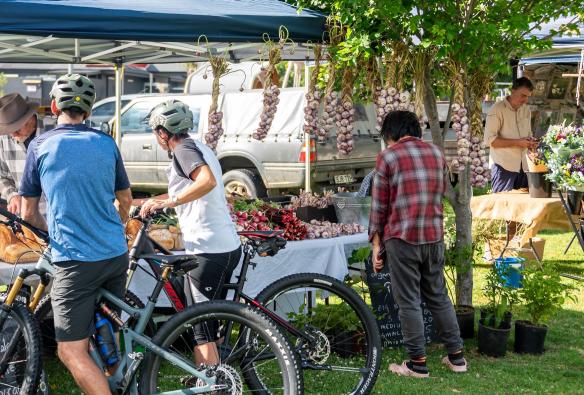 Shoppers on bikes peruse fresh fruit and vegetables at the Armidale Farmers Market, Armidale New South Wales © LightCatcher Images
