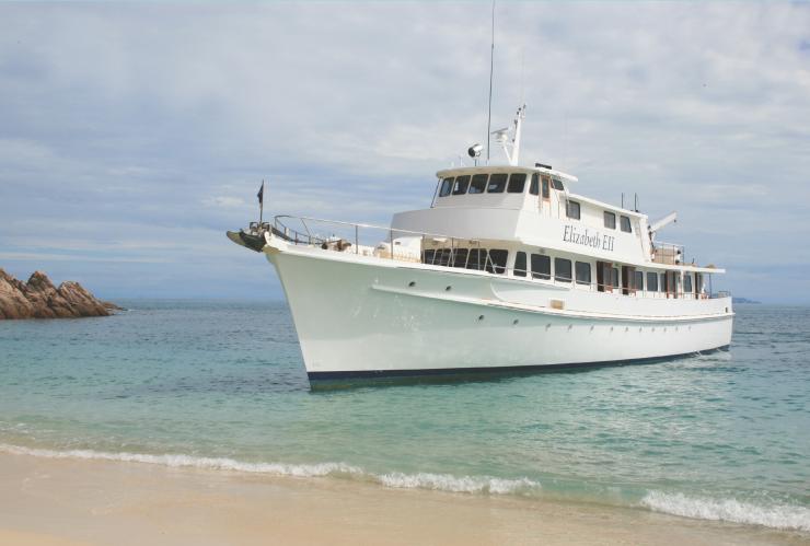 A large, luxury boat pulled up towards a white sand beach, Elizabeth EII Luxury Liveaboard Charters, Mackay, Queensland © Elizabeth EII Luxury Liveaboard Charters