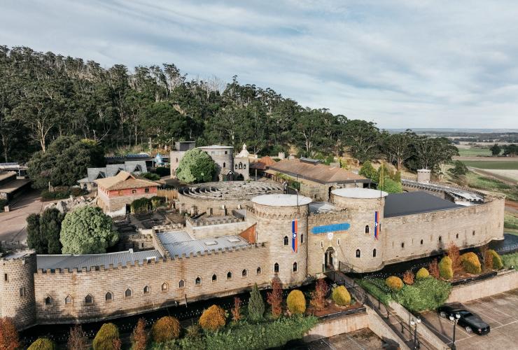 Aerial view over the property of Kryal Castle surrounded by trees, Ballarat, Victoria © Tourism Australia/Visit Victoria