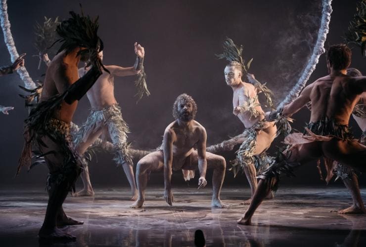 A group of dancers performing on stage during Bennelong, Bangarra Dance Theatre, Sydney, New South Wales © Daniel Boud