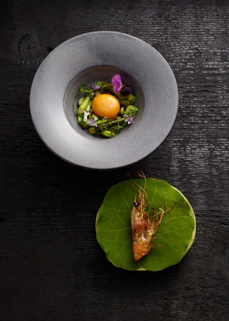 Two fine dining dishes beautifully plated on a black table, Brae, Birregurra, Victoria © Brae 