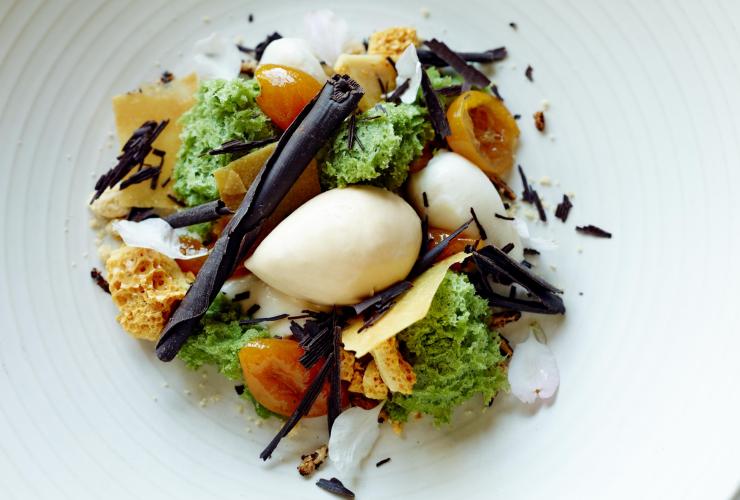 An artfully plated cumquat dessert, Lake House, Daylesford, Victoria © Lake House