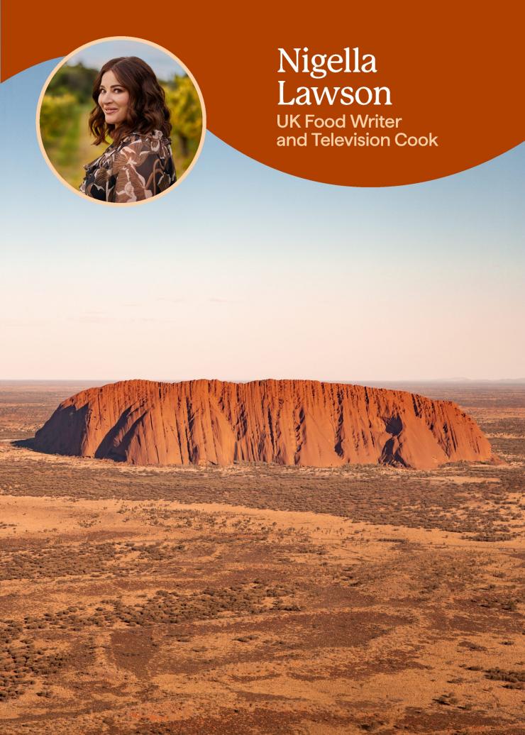 Uluru in the foreground with an image overlaid with a woman smiling with the caption "Nigella Lawson, UK Food Writer and Television Cook"