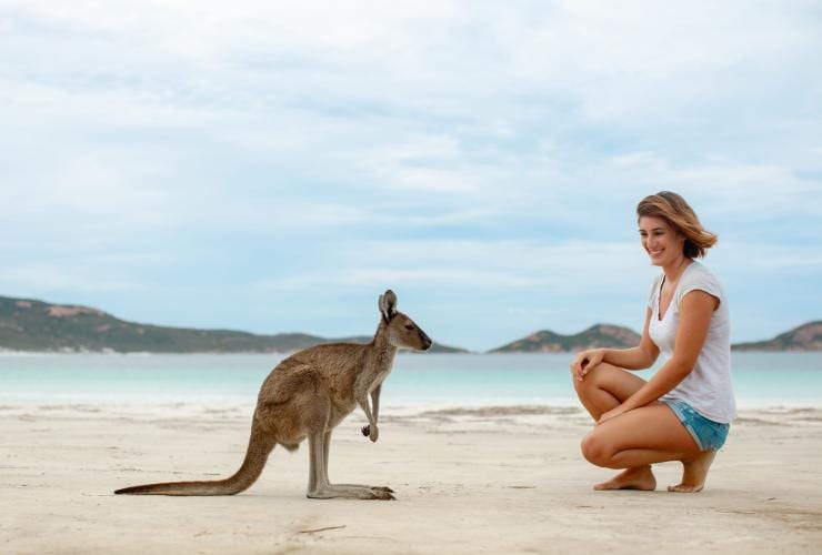 Une femme admire un kangourou sur une plage de sable blanc à Lucky Bay, Esperance, Australie Occidentale © Tourism Australia