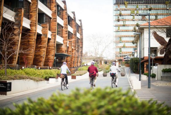 Un groupe de cyclistes pédalant sur une route paisible entre des bâtiments à NewActon, Canberra, Territoire de la Capitale Australienne © VisitCanberra