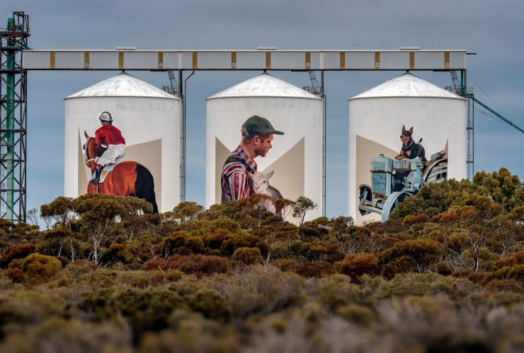 Trois silos blancs peints représentent un cavalier, un fermier tenant un agneau et un chien juché sur un tracteur, le long du PUBLIC Silo Trail, Pingrup, Australie Occidentale © Bewley Shaylor 