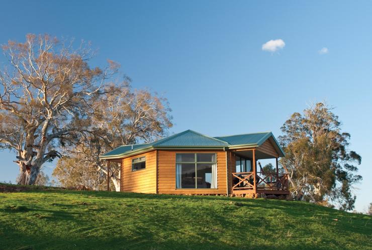 Une ferme perchée en haut d’une colline avec des arbres sur le côté, Curringa Farm, Hamilton, Tasmanie © Tourism Tasmania