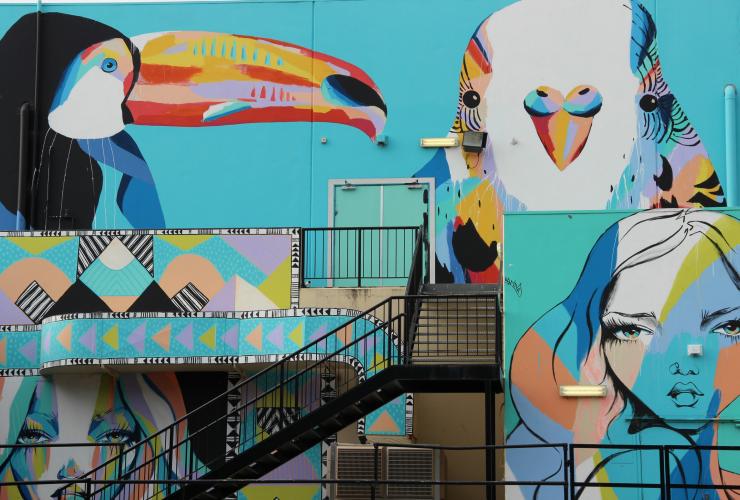 Mural seni jalanan yang penuh warna, termasuk burung dan manusia oleh Anya Brock, Perth, Western Australia © Susanne Maier