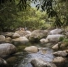 Wanita duduk di batu di dekat kolam bebatuan di Mossman Gorge © Tourism and Events Queensland