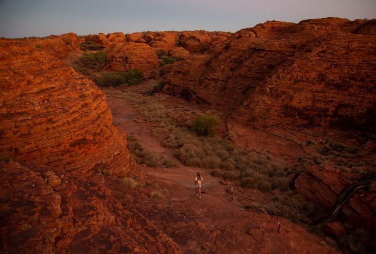 Seorang anak perempuan berdiri di antara formasi bebatuan merah yang menjulang tinggi dan hamparan semak hijau di Kings Canyon, Northern Territory © Tourism Australia