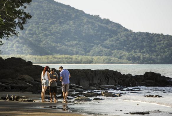Un gruppo di persone in riva all'oceano con una foresta pluviale in lontananza durante un tour con Walkabout Cultural Adventures, Daintree Rainforest, Tropical North Queensland, Queensland © Tourism Australia