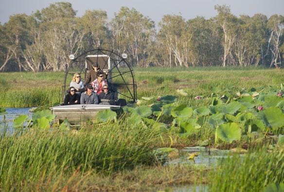 Un gruppo di persone su un'airboat in mezzo a paludi rigogliose con Lords Kakadu & Arnhem Land Safaris, Bamurru Plains, Northern Territory © Shaana McNaught