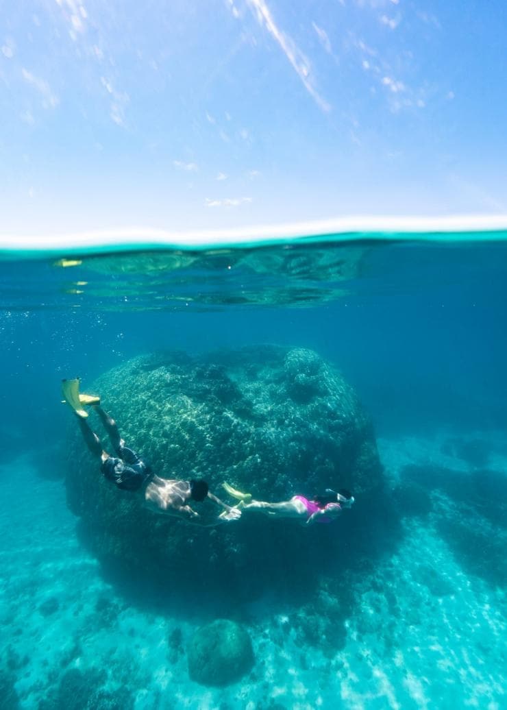 Una coppia che fa snorkeling a Wilson Island, Grande Barriera Corallina, Queensland © Tourism and Events Queensland