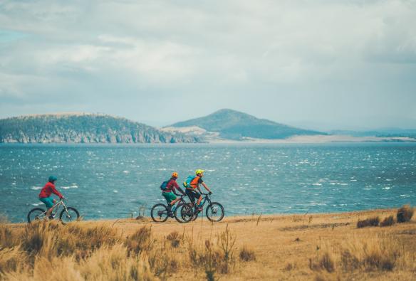 Tre persone in mountain bike lungo la costa erbosa con vista sull'oceano blu nel Maria Island National Park, Tasmania © Matt Staggs