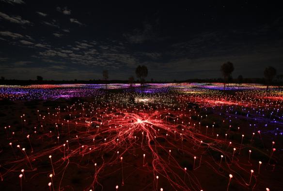 Rete di luci dai colori dell'arcobaleno che si estende in una pianura punteggiata da alberi sotto il cielo notturno a Field of Light by Bruce Munro, Uluru, Northern Territory © Mark Pickthall