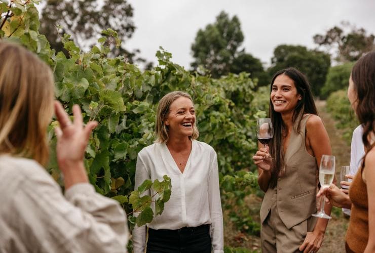 Amici che partecipano all'Organic Farm & Vineyard Tour al Windows Estate, Margaret River, Western Australia © Tourism Australia
