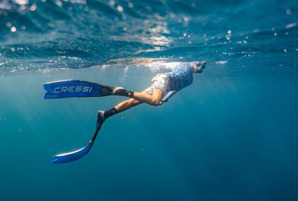 Una donna che fa snorkeling sottacqua durante un tour con Live Ningaloo, Ningaloo Marine Park, Western Australia © Tourism Western Australia 