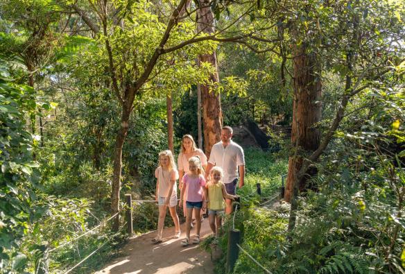 Una famiglia che cammina nel bushland nell'Australian Reptile Park, Central Coast, New South Wales © Destination NSW 