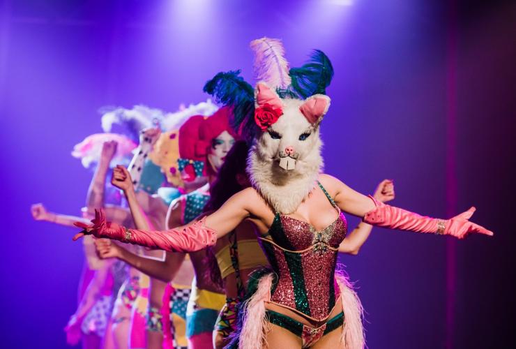 南オーストラリア州、アデレード、アデレード・フリンジ。手の込んだ衣装を着てステージ・パフォーマンスをする人々の列 © Blunderland