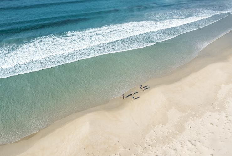 タスマニア州、マリア島、マリア・アイランド・ウォーク、人影まばらなビーチを歩くハイカーの空撮 © Tourism Australia