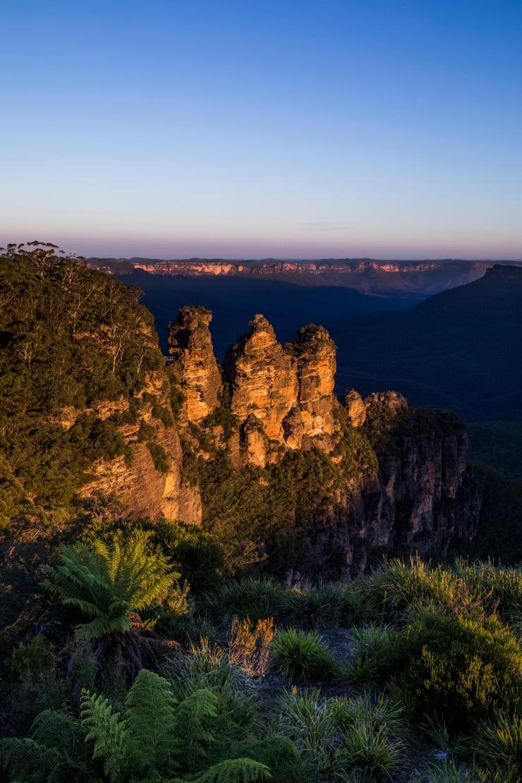 日没にオレンジ色に輝く三つの岩柱が、青みがかったブッシュランドの渓谷にそびえる
