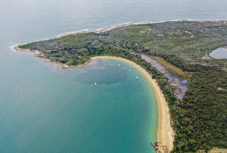 Aerial view over a golden beach bordering green bushland and clear water sprinkled with sail boats at Jibbon Beach, Bundeena, New South Wales © Destination NSW 