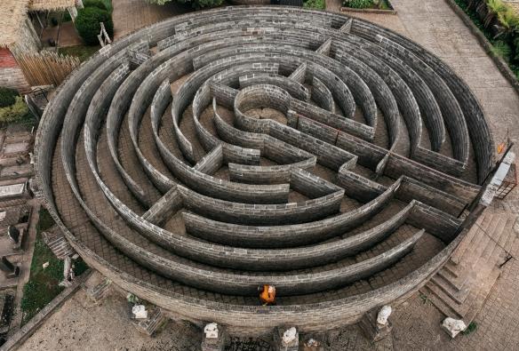 Aerial view over a mother and child exploring a stone maze at Kryal Castle, Ballarat, Victoria © Tourism Australia/Visit Victoria