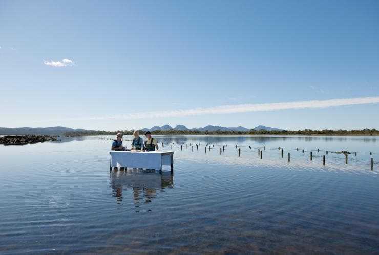 Three people standing at a table in the water beside oyster leases at Freycinet National Park, Marine Farm, Freycinet, Tasmania © Tourism Tasmania