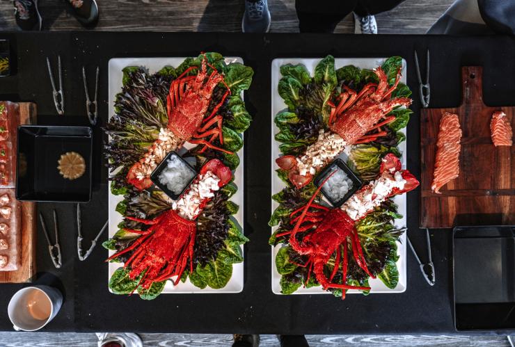 Aerial shot of bright red lobster on platters on a tour with Tasmanian Wild Seafood Adventures, Hobart, Tasmania © Tourism Australia 