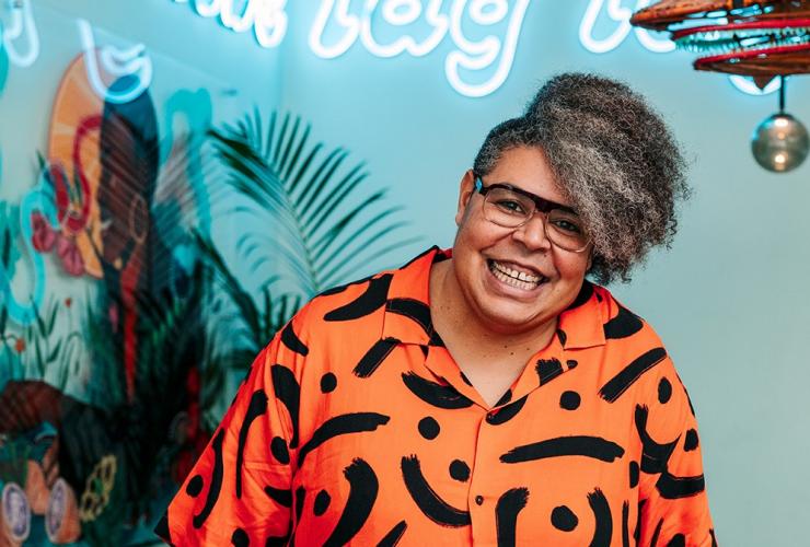 Chef Nornie Bero smiling at the camera at Big Esso by Mabu Mabu, Melbourne, Victoria © Big Esso 