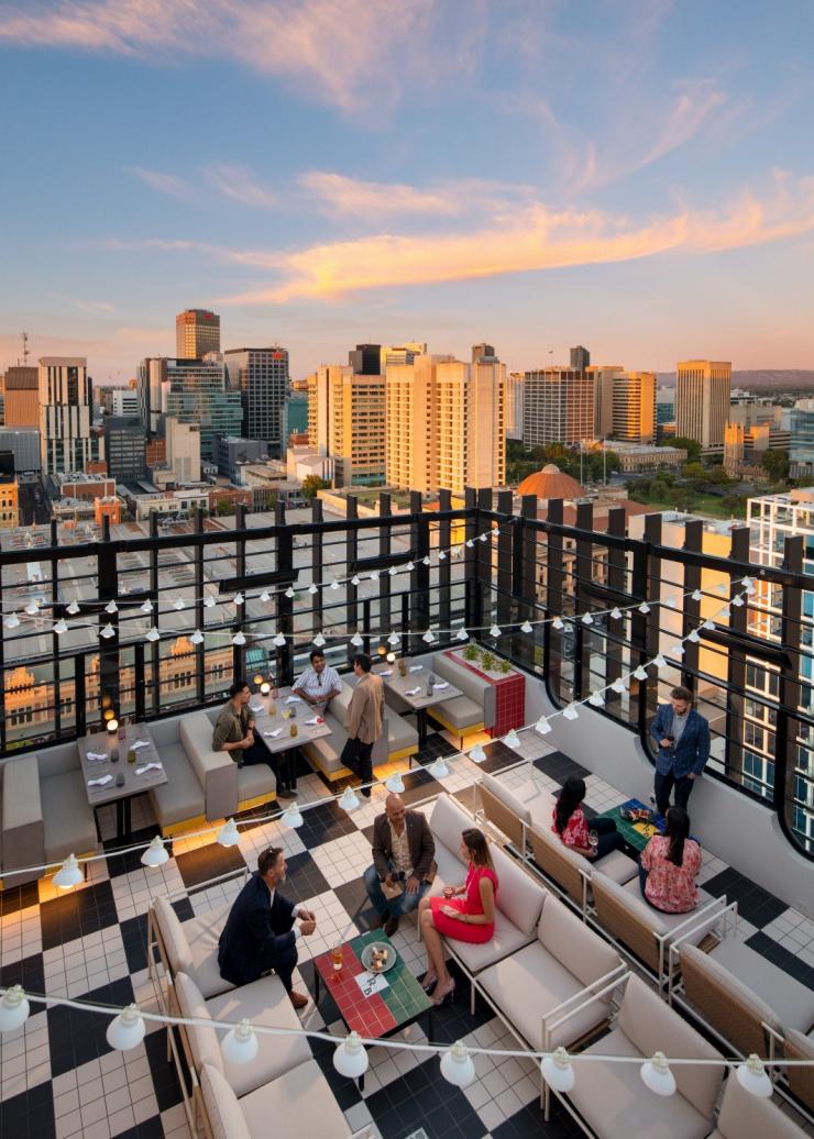 An aerial view of the Adelaide skyline from Merrymaker Rooftop Bar, Adelaide, South Australia © Hotel Indigo Adelaide