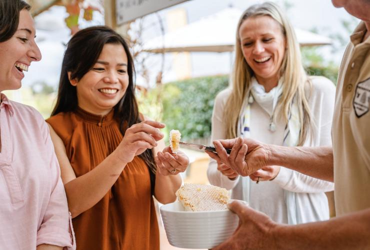 A group of people holding honeycomb at The House of Honey, Swan Valley, Western Australia © Tourism Australia