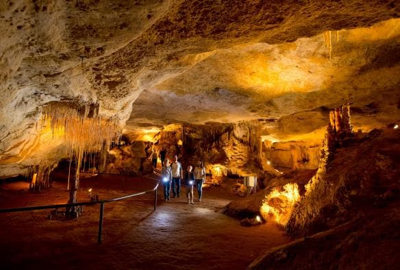 Một gia đình cầm đuốc đi bộ qua các cấu trúc dưới lòng đất của Vườn quốc gia Hang động Naracoorte, Thị trấn Naracoorte, Tiểu bang Nam Úc © South Australian Tourism Commission/Adam Bruzzone
