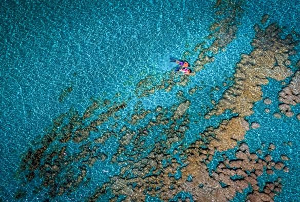 Ảnh chụp từ trên cao hai người đang lặn với ống thở, Vịnh Shark, Tiểu bang Tây Úc © Ben Teo/Coral Coast Helicopter Services