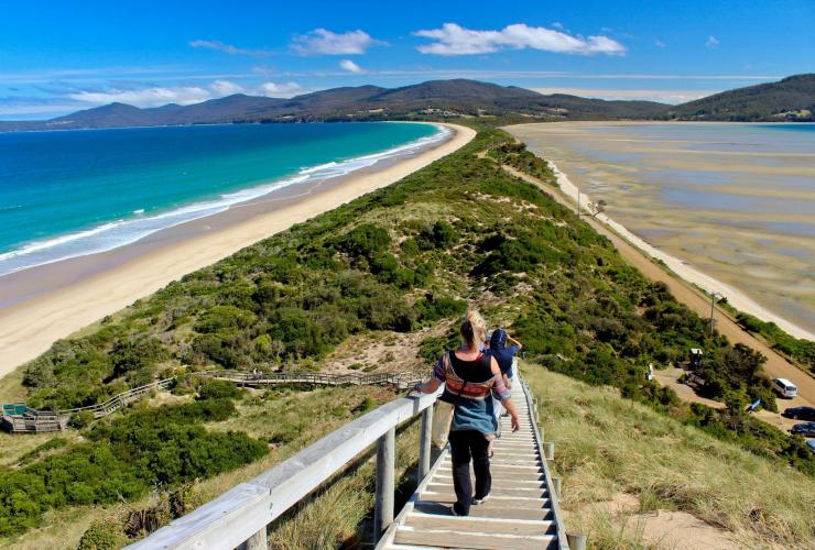People walking down stairs from the lookout at The Neck, a thin green peninsula separating two beaches on Bruny Island, Tasmania © Aude Mayans