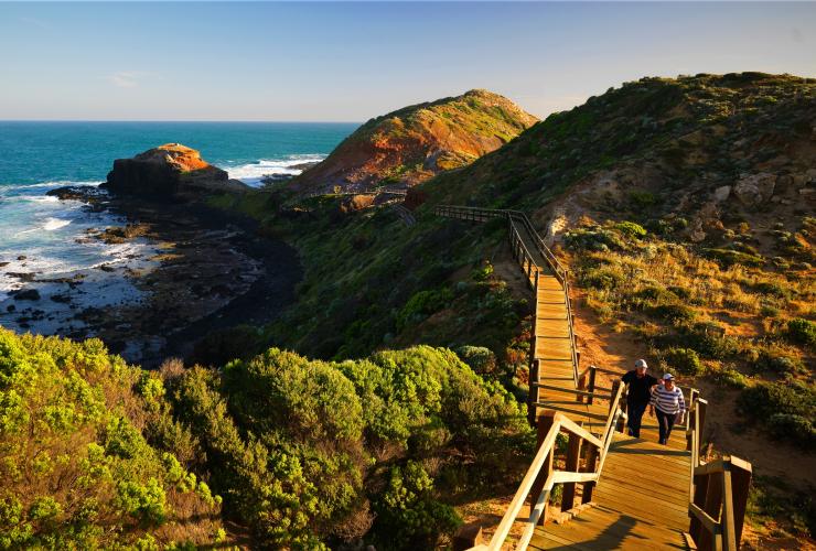 Một cặp đôi đang tản bộ trên lối đi ven bờ biển gồ ghề tại Cape Schanck Boardwalk, Bán đảo Mornington, Victoria © Derek Ross