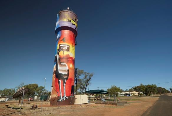 View of the painted Augathella Water Tower, Outback, QLD © Tourism and Events Queensland
