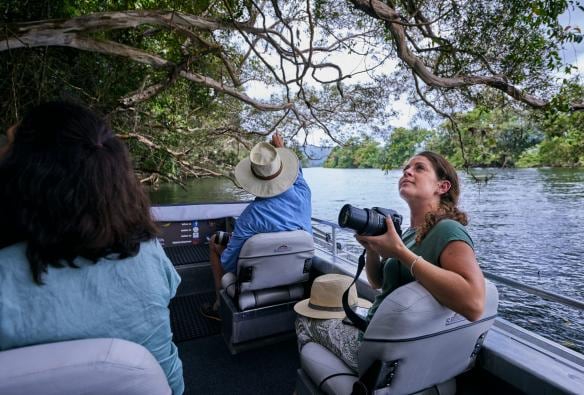 A person holding a camera on a boat travelling along a tranquil waterway surrounded by rainforest with Daintree Boatman Wildlife Cruises, Daintree, Queensland © Tourism Australia 