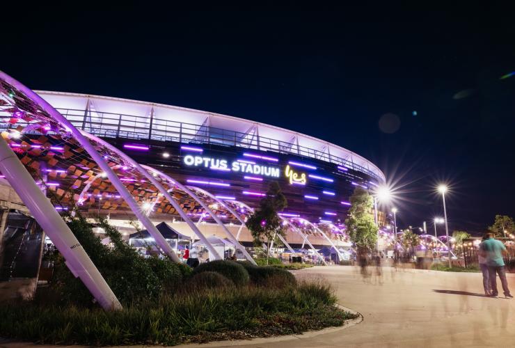 The Perth Stadium lit up against a night sky in Perth, Western Australia © Tourism Western Australia 