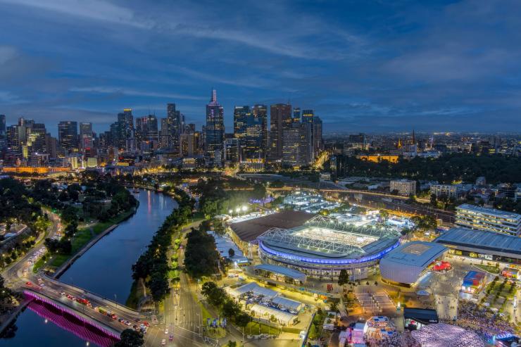 Aerial view of stadiums lit up at the Australian Open, Melbourne, Victoria © Nick La Galle