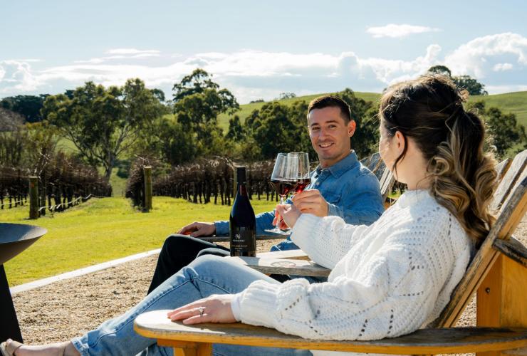 A couple cheers their glasses of red wine at Nepenthe, Adelaide Hills, South Australia © South Australian Tourism Commission 