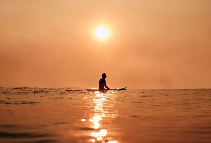 新南威爾士州悉尼邦迪海灘上一名滑浪者坐在滑浪板上，身後是橙色的夕陽©澳洲旅遊局