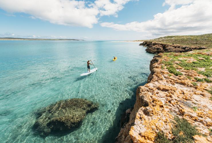 兩位旅客在西澳州鯊魚灣世界遺產區德克哈托格島國家公園(Dirk Hartog Island National Park)島嶼旁的清澈藍海上划獨木舟與站立式划槳©西澳州旅遊局