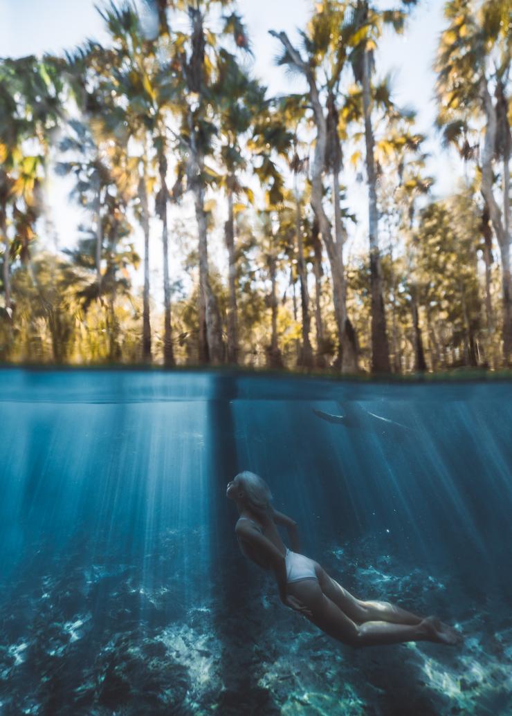 一名遊客在北領地（Northern Territory）埃爾西國家公園苦泉的水底游泳©北領地旅遊局/Carmen Huter