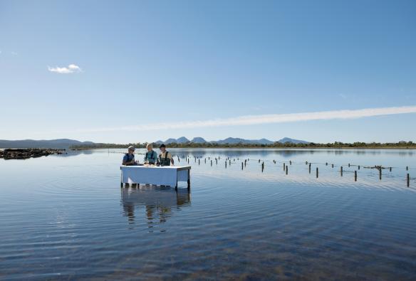 塔斯曼尼亞Saffire Freycinet的菲欣納海洋生蠔養殖場內，三人穿著水靴站在海中的餐桌旁享用葡萄酒和蠔©塔斯曼尼亞旅遊局