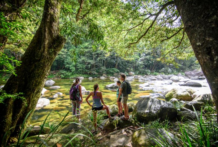 一群參加昆士蘭州戴恩樹國家公園莫斯曼河FNQ Nature Tours自然導賞團的遊客站立於清澈雨林溪流邊，溪中佈滿巨石©FNQ Nature Tours自然導賞之旅