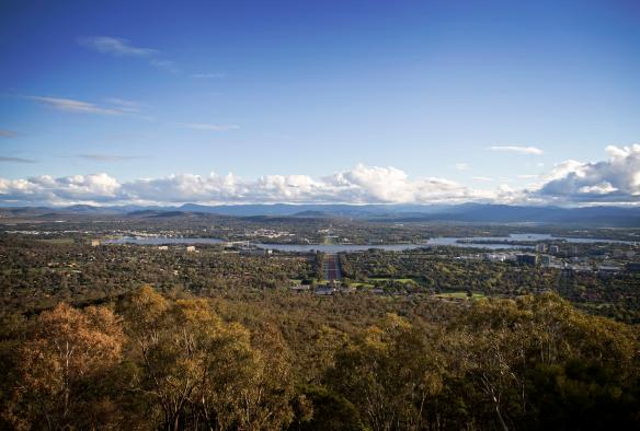 澳洲首都領地坎培拉從安斯利山觀景台（Mount Ainslie Lookout）遠眺坎培拉市區和綠林一覽無遺的景致©澳洲旅遊局